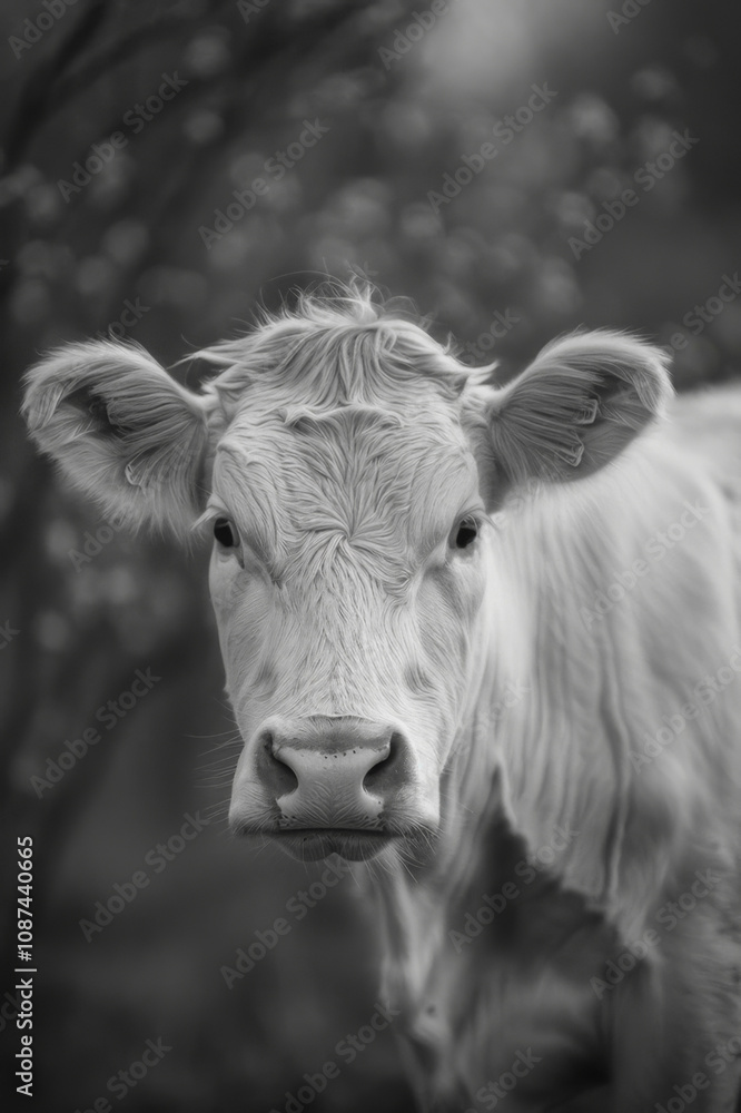 Close-up of a young cow with frost on its ears and fur, standing in a snowy landscape. Close-up of a young cow with frost on its ears and fur, standing in a snowy landscape.