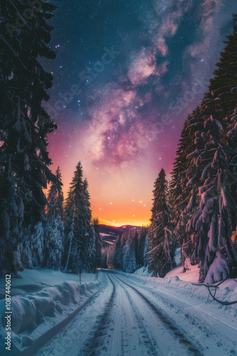 Snow-covered road through a forest under a starry night sky with the Milky Way, creating a magical winter scene. photo