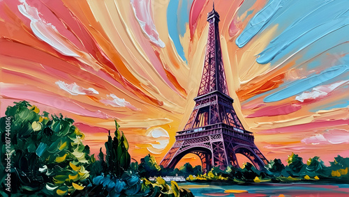Title: Phoenix Vibrant Oil Painting of the Iconic Eiffel Tower

