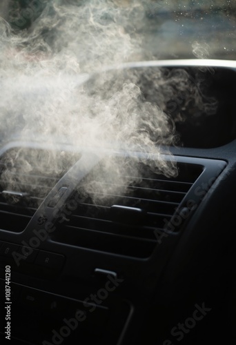 Interior of a Car with Smoke Emitting from Air Conditioning Vents, Potential Vehicle Malfunction Indication. Service station advertising. photo