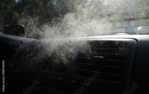 Interior of a Car with Smoke Emitting from Air Conditioning Vents, Potential Vehicle Malfunction Indication. Service station advertising.