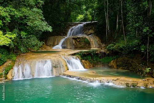 Serene Cascades: A Tranquil Waterfall Scene Surrounded by Lush Greenery