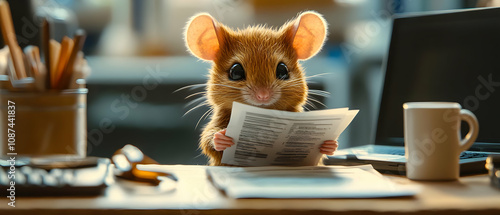 An adorable mouse reading a newspaper at a desk, surrounded by office supplies, evoking curiosity and charm.