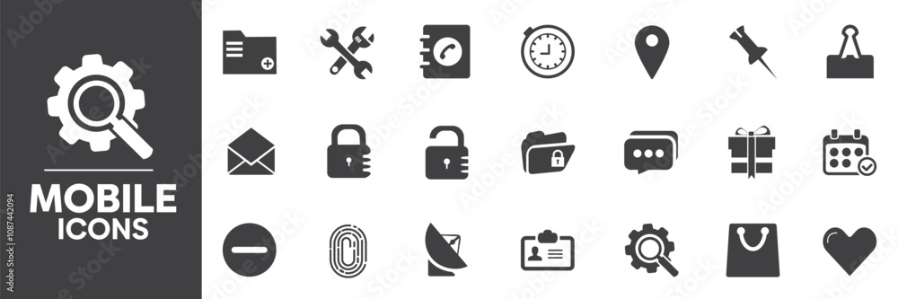 Mobile Icons Set, Containing All Mobile Signs Icons Outlines, Vector Illustration Collection Editable eps10 Mobile Icons Set, Containing All Mobile Signs Icons Outlines, Vector Illustration Collection Editable eps10