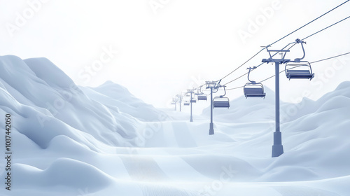 A snowy mountain with perfectly groomed ski slopes and chairlifts set against a clean white background.