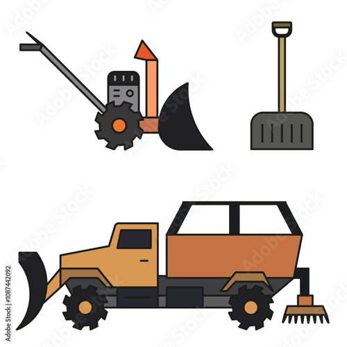 Symbols of industrial snow removal. Snow plows are colored drawings with a dark outline.