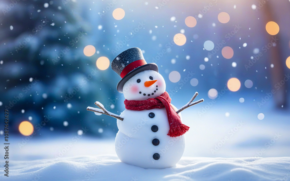 Christmas winter background, snowman and blurred bokeh background with copy space. Merry Christmas and happy new year greeting card concept Christmas winter background, snowman and blurred bokeh background with copy space. Merry Christmas and happy new year greeting card concept