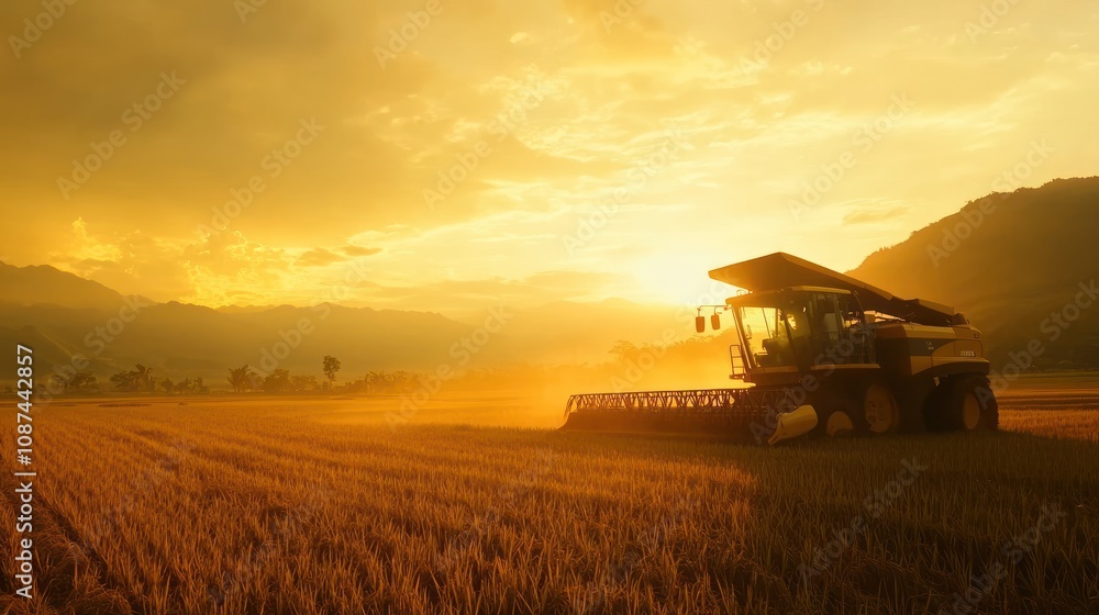 Golden Sunset Harvest Combine Rice Paddy Field Golden Sunset Harvest Combine Rice Paddy Field