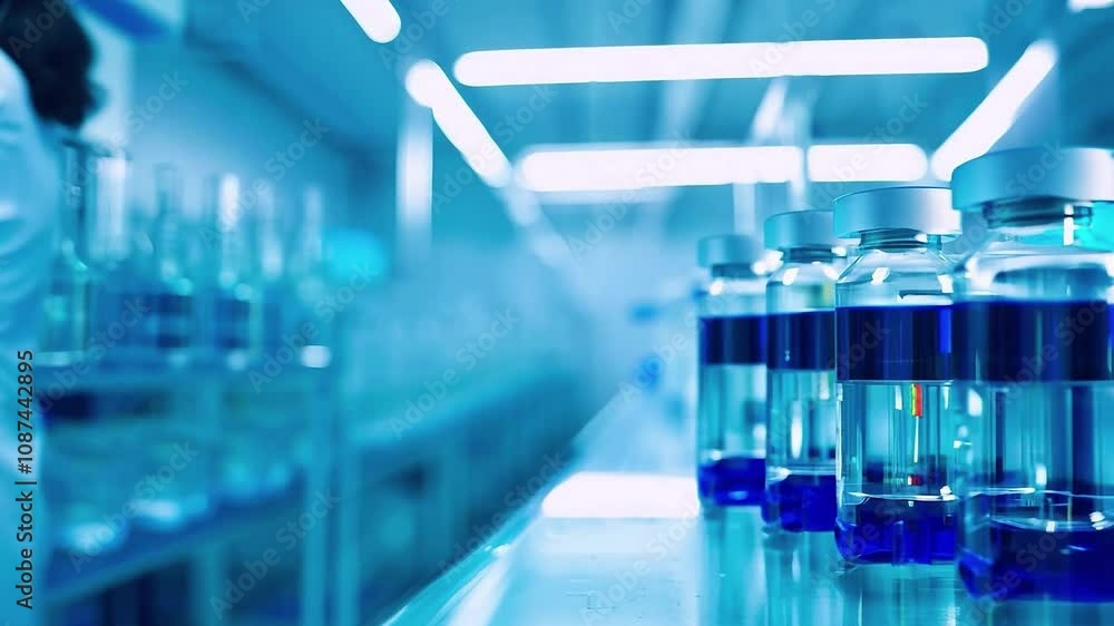Row of medical vials with blue liquid on a laboratory table and a scientist working in the background. Pharmaceutical research and drug development concept Row of medical vials with blue liquid on a laboratory table and a scientist working in the background. Pharmaceutical research and drug development concept