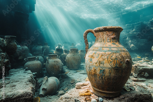 Vintage photo of submerged ancient marketplace with amphoras and treasures. photo