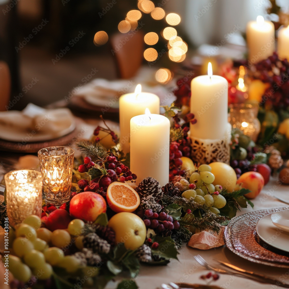 Elegant Table Setting with Candles and Seasonal Fruits for Festive Gatherings and Celebrations During Winter Holidays Elegant Table Setting with Candles and Seasonal Fruits for Festive Gatherings and Celebrations During Winter Holidays