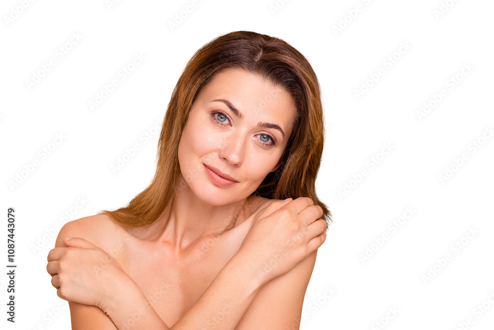 Close up photo beautiful amazing mature cute she her lady hold hands arms touch shoulders show perfect condition soft purity skin result anti-age procedures nude isolated pastel beige background Close up photo beautiful amazing mature cute she her lady hold hands arms touch shoulders show perfect condition soft purity skin result anti-age procedures nude isolated pastel beige background