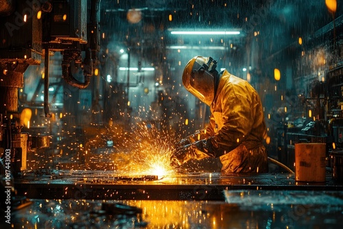 A worker in protective gear skillfully welds metal components together at an industrial facility. Surrounded by flying sparks and bright light, the atmosphere showcases the intensity of the work takin photo