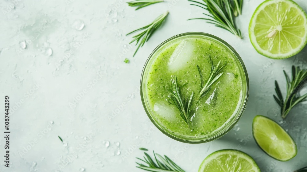 vegetable smoothie with lime and rosemary in glass white table background mock up vegetable smoothie with lime and rosemary in glass white table background mock up