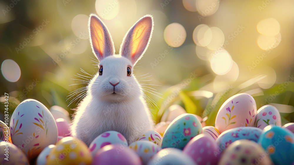 Fluffy white bunny surrounded by colorful Easter eggs in sunlight Fluffy white bunny surrounded by colorful Easter eggs in sunlight