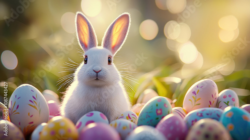 Wallpaper Mural Fluffy white bunny surrounded by colorful Easter eggs in sunlight Torontodigital.ca