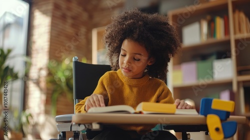 Child with learning disabilities focusing on reading with specialized learning tools