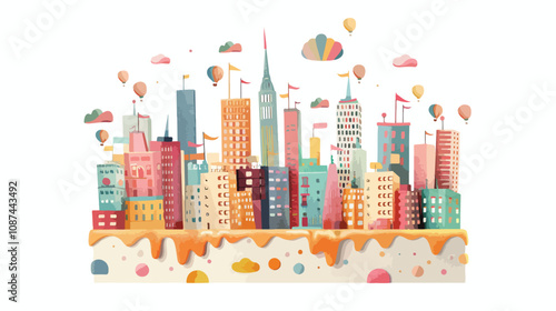 Cityscape on Top of Cake Mixed Media Flat Style Vector Illustration