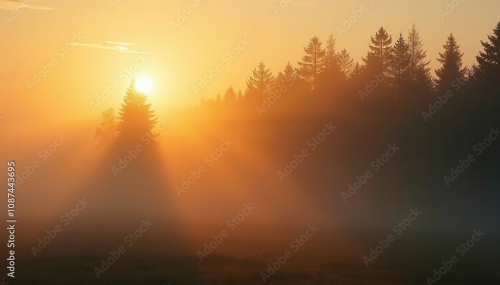 Morning mist envelops a forest as the sun rises, creating a serene golden atmosphere. Morning mist envelops a forest as the sun rises, creating a serene golden atmosphere.