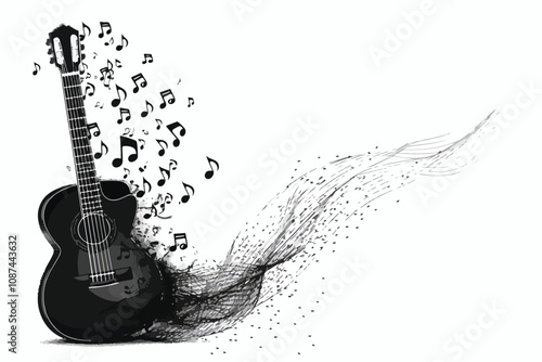 Classical Guitar and Musical Notes Floating in the Air Vector Illustration