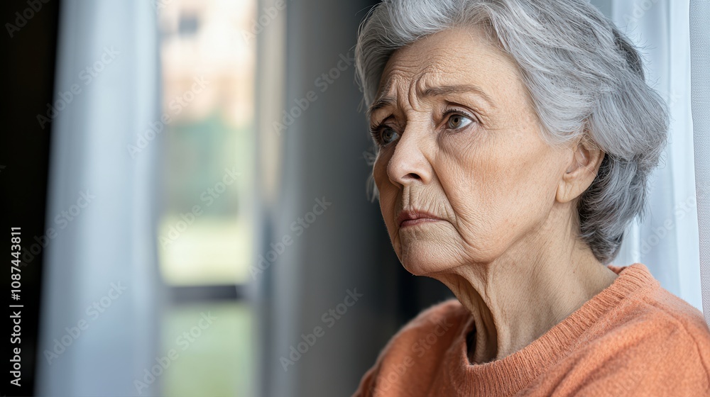 Alzheimer's Disease caregiving concept. A reflective elderly woman gazes thoughtfully out of a window, conveying a sense of contemplation and emotional depth. Alzheimer's Disease caregiving concept. A reflective elderly woman gazes thoughtfully out of a window, conveying a sense of contemplation and emotional depth.