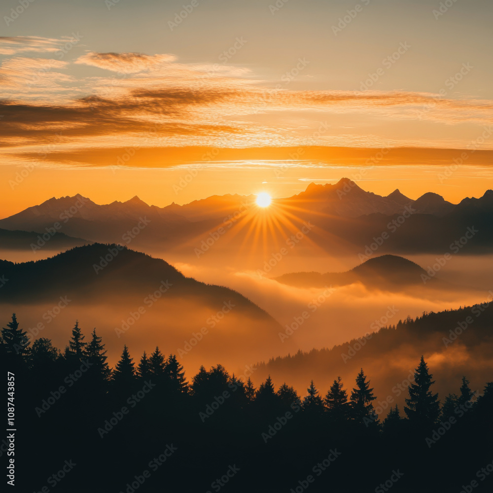 Majestic Sunrise Over Mountain Ranges and Lush Forests, Illuminating the Misty Valley Below with Warm Golden Light and Creating a Serene Landscape Experience Majestic Sunrise Over Mountain Ranges and Lush Forests, Illuminating the Misty Valley Below with Warm Golden Light and Creating a Serene Landscape Experience