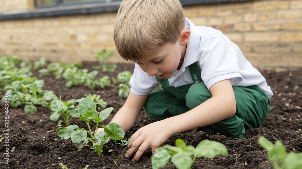 Young students exploring and cultivating plants in a school garden promoting sustainability education and connection with nature Young students exploring and cultivating plants in a school garden promoting sustainability education and connection with nature