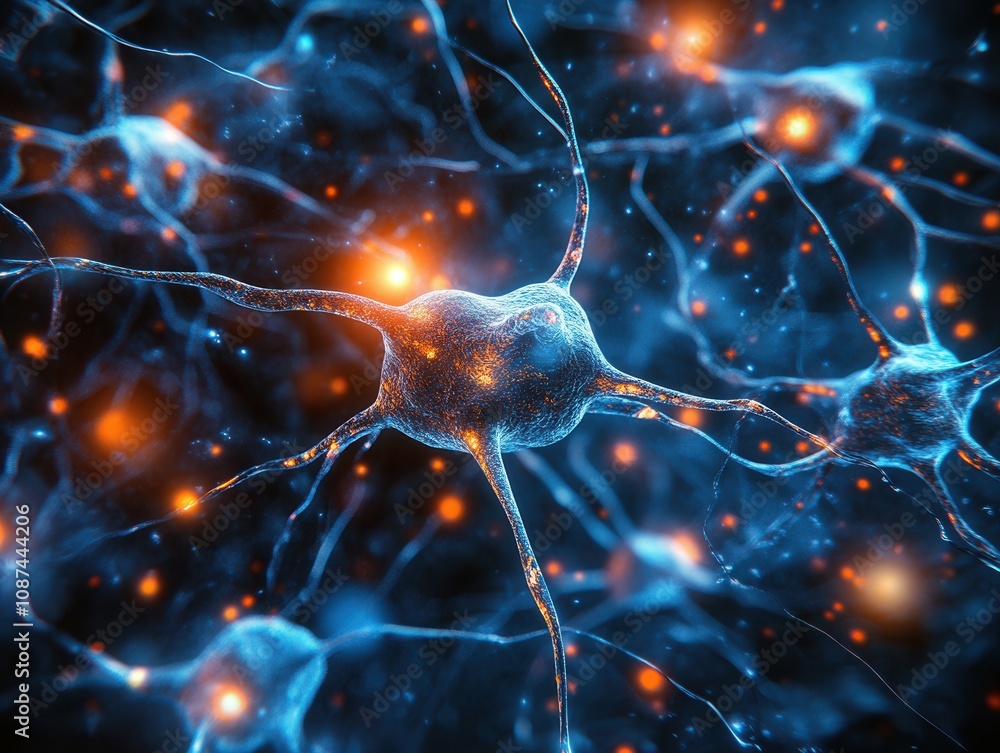 A detailed depiction of neurons showcasing their connections and activity in a colorful style. A detailed depiction of neurons showcasing their connections and activity in a colorful style.