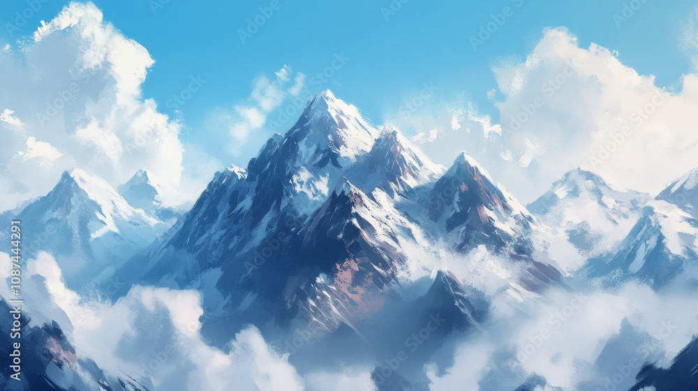 The mountain peaks are sharp and majestic, standing out clearly in the minimalist setting. The mountain peaks are sharp and majestic, standing out clearly in the minimalist setting.