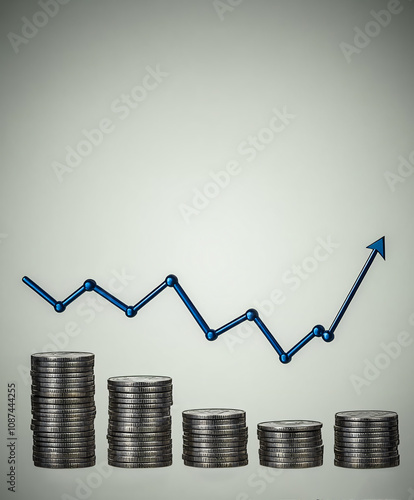 graph depicting a fluctuating trend initially going down, then rising sharply upward.  Below the graph are stacks of coins decreasing in size from left to right, visually correlating with the downward photo