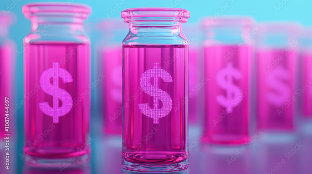 Colorful glass tubes filled with pink liquid and dollar signs create vibrant display, symbolizing wealth and investment opportunities in creative way Colorful glass tubes filled with pink liquid and dollar signs create vibrant display, symbolizing wealth and investment opportunities in creative way