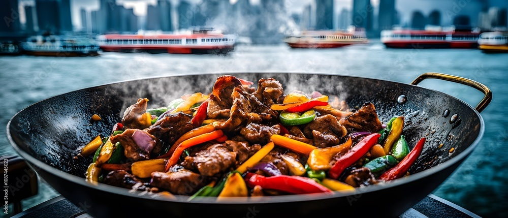 A vibrant stir-fry dish with colorful vegetables and beef against a city skyline backdrop. A vibrant stir-fry dish with colorful vegetables and beef against a city skyline backdrop.
