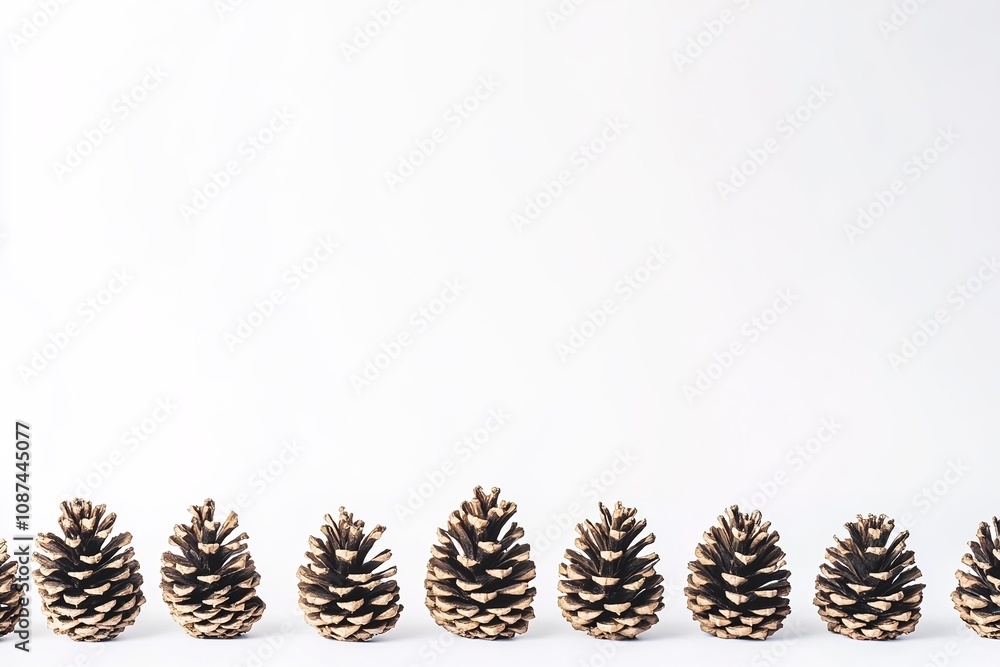 Row of pine cones on white with ample copy space Row of pine cones on white with ample copy space
