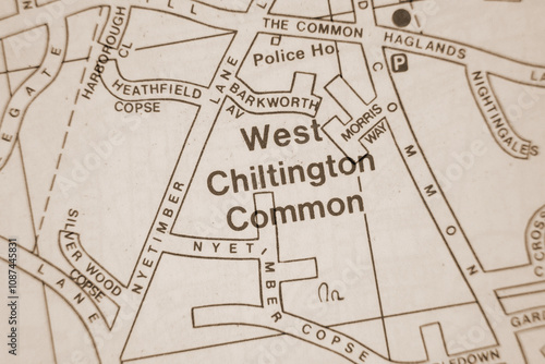 West Chiltington Common, West Sussex, United Kingdom colour atlas map town name  in sepia photo