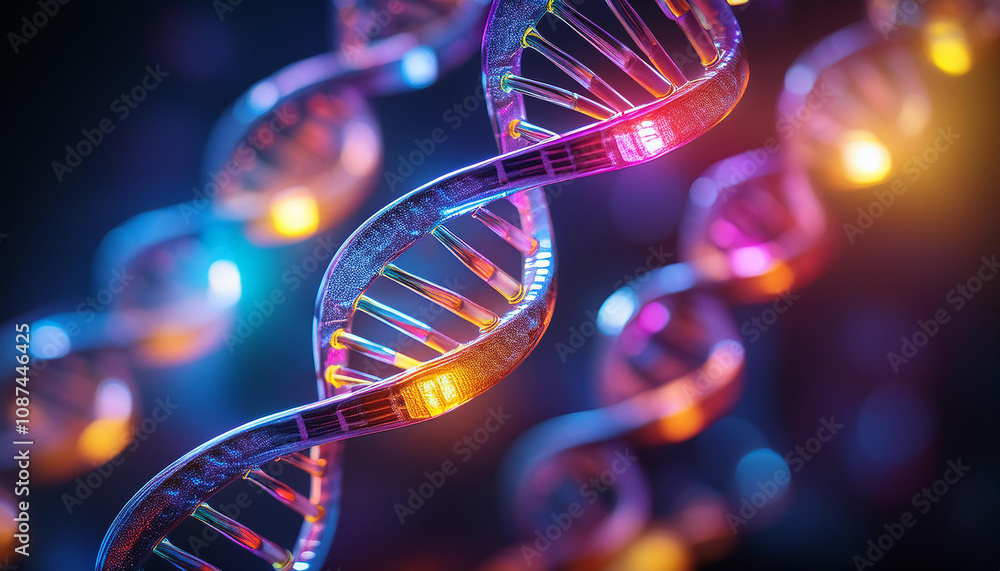 Glowing DNA helix with vibrant colors in dark background. Abstract design. Glowing DNA helix with vibrant colors in dark background. Abstract design.