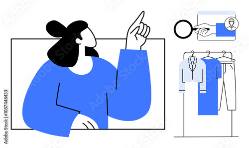 Woman pointing up toward an online job opening while clothes on hangers present career choices. Ideal for job search, career planning, employability, decision making, guiding, employment tips