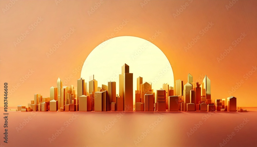 Obraz premium Business concept of forecast, increase and recovery. A vibrant sunset casts a golden hue over a modern city skyline, reflecting a peaceful blend of nature and urban life.