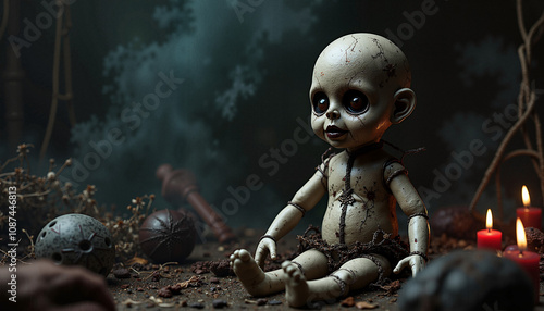 Creepy voodoo doll with a haunting expression surrounded by ritual objects in a dark setting photo