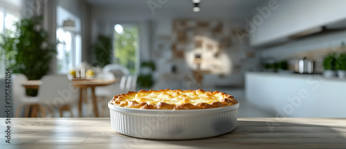 A delicious freshly baked casserole sits on a kitchen counter, showcasing a cozy dining atmosphere.