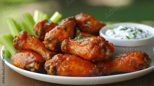 A delicious plate of spicy chicken wings served with celery and a creamy dipping sauce. photo