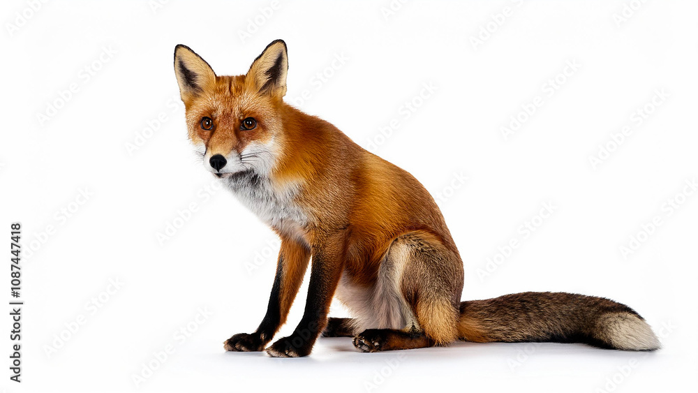 Fototapeta premium Red fox sitting on a white background.