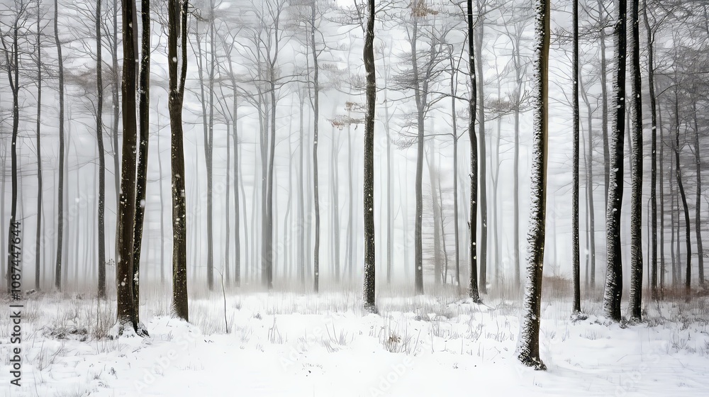 Snow-covered forest landscape in winter with tall trees shrouded in fog and light snowfall Snow-covered forest landscape in winter with tall trees shrouded in fog and light snowfall