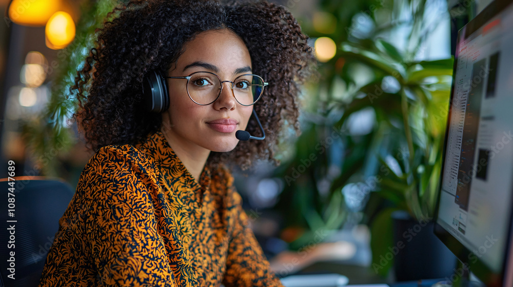 Professional woman working online from her desk, using a tablet and microphone to communicate with clients during a virtual conference Professional woman working online from her desk, using a tablet and microphone to communicate with clients during a virtual conference