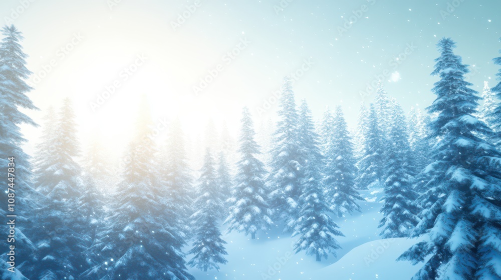 Snow-covered evergreen trees in a serene winter landscape on a bright, overcast day, showcasing natural beauty and stillness. Snow-covered evergreen trees in a serene winter landscape on a bright, overcast day, showcasing natural beauty and stillness.