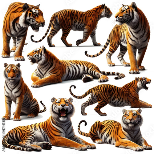 Tigers in seven poses showcasing their strength and beauty on a transparent background. These majestic big cats exhibit range of expressions and movements, highlighting unique and vibrant fur patterns
