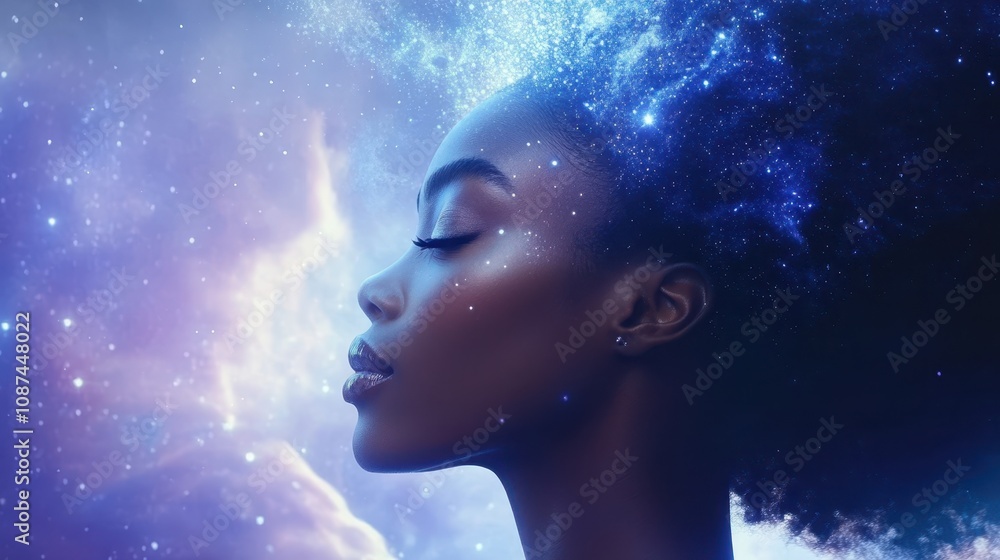 Profile of a woman with glowing cosmic elements in her hair, blending the beauty of space and human form under a dreamy purple sky. Profile of a woman with glowing cosmic elements in her hair, blending the beauty of space and human form under a dreamy purple sky.