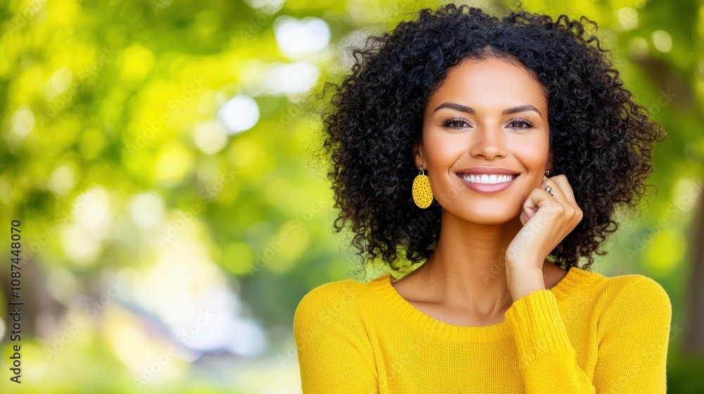 Smiling woman with curly black hair in a yellow sweater outdoors, radiating positivity and joy under bright green trees. Smiling woman with curly black hair in a yellow sweater outdoors, radiating positivity and joy under bright green trees.