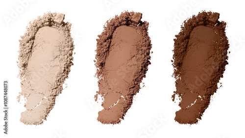 Set swatch texture of brown and beige loose powder for face makeup on an isolated white background. For light, medium and dark skinned women. Eye shadow or sculptor or bronzer photo