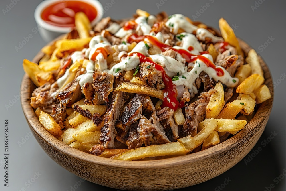 Arabic Shawarma with fries, ketchup, raita served in a dish isolated on grey background side view of fastfood Arabic Shawarma with fries, ketchup, raita served in a dish isolated on grey background side view of fastfood