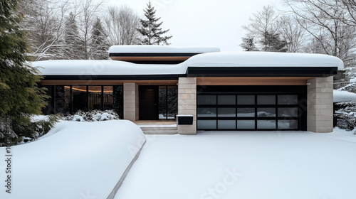 Modern single-story home with snow-covered roof and driveway in a wintery forest setting. Large windows reveal warm interior lighting.